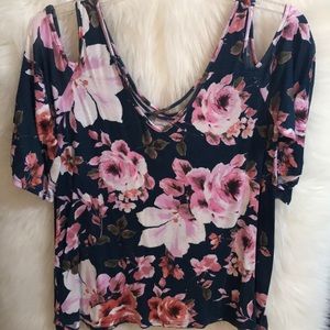 Adara - Teal Pink Floral Cold Shoulder Top L